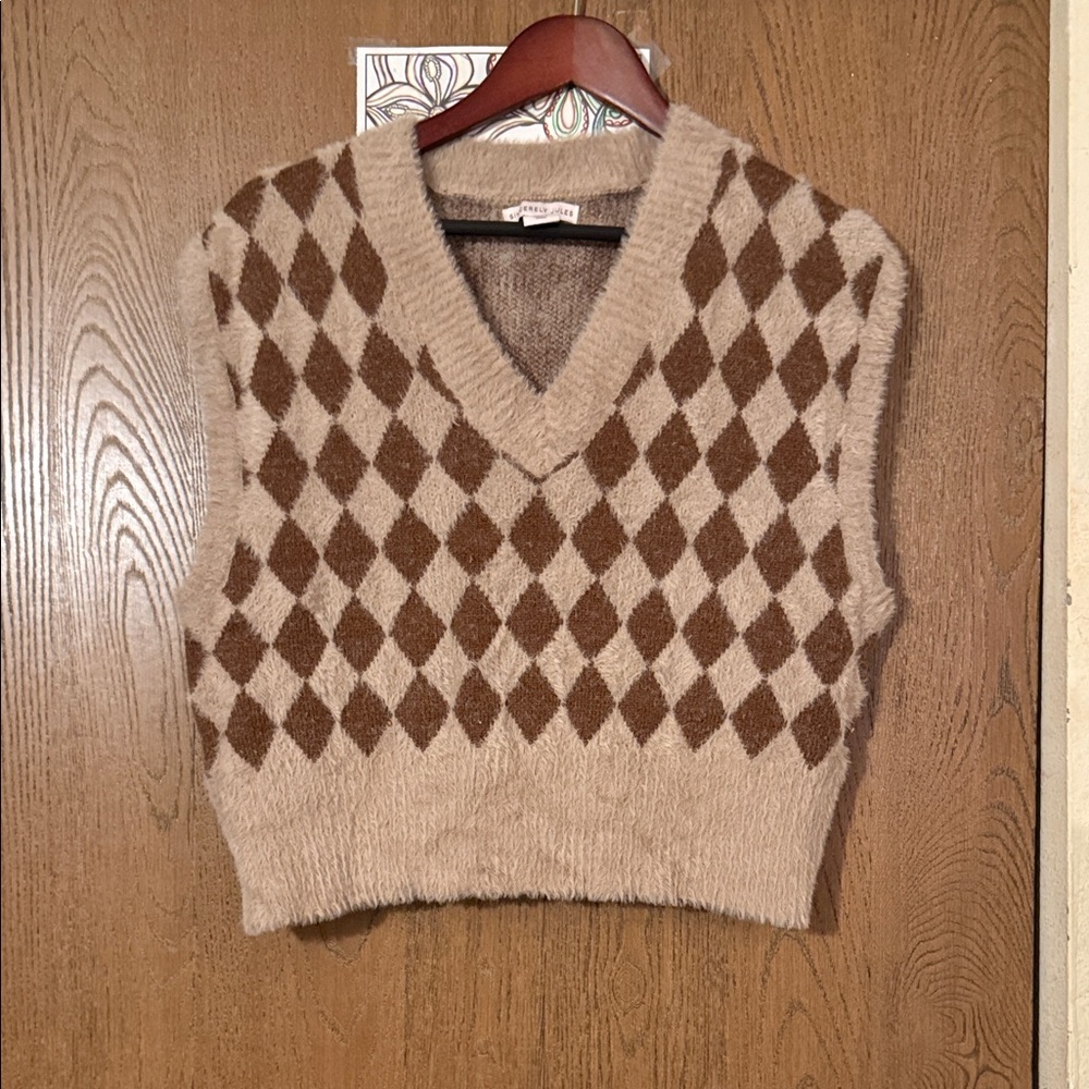 Sincerely Jules Beige and Brown Argyle V-Neck Sweater Vest
